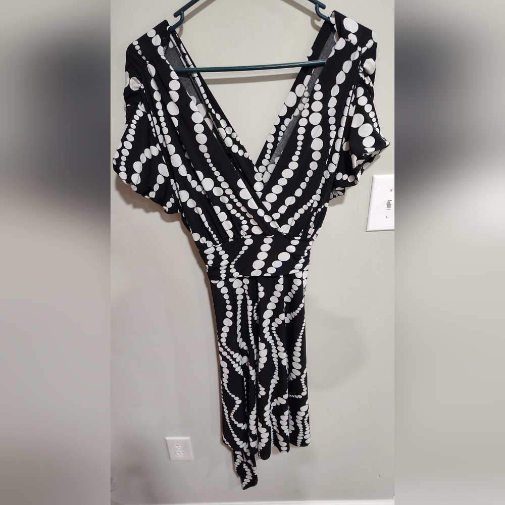 Roulette Women's Black And White Polka Dot Dress With Belt, Size Large, Stretch - Picture 4 of 5